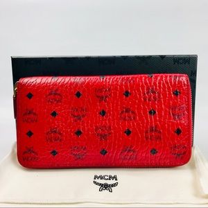 Authentic MCM Visetos Zippy Long Red Wallet